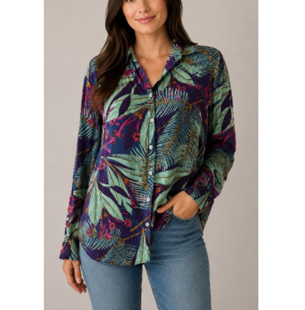 Casual Women's Blue Tropical Print Front Button Closure Top Small 100% Viscose